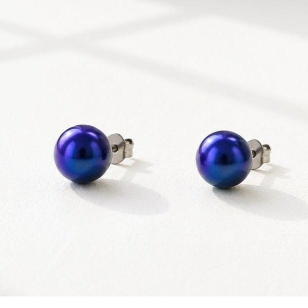 Vintage Blue Faux Pearl Stud Earrings Stainless Steel Backs 1cm Diameter